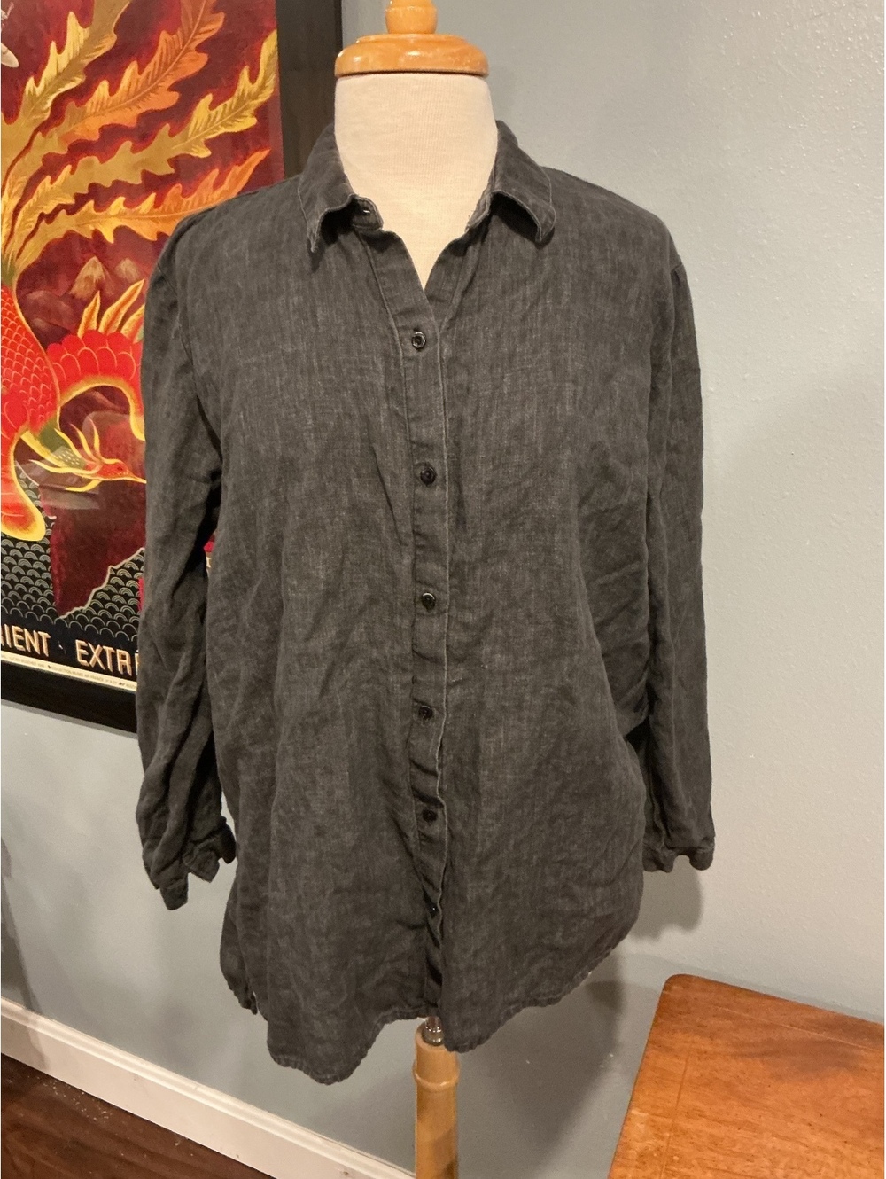Eileen Fisher Black Button-Front Linen Shirt Medium